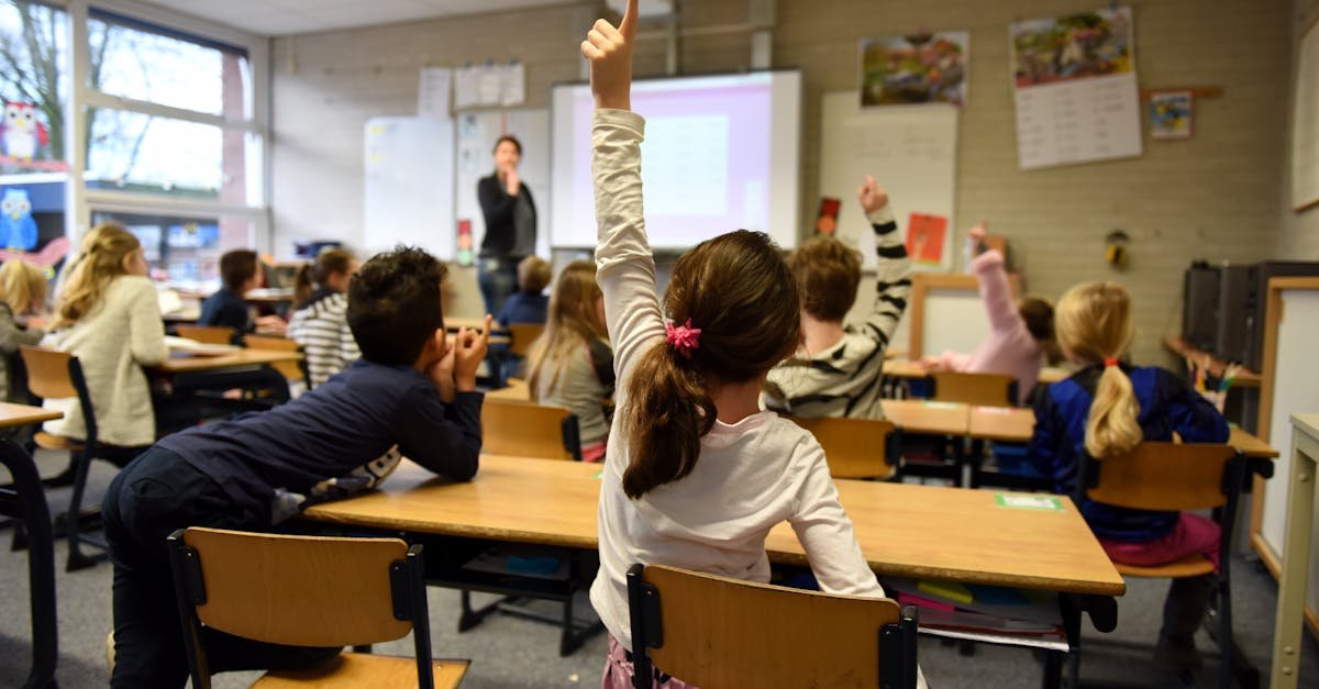 Lively classroom scene with students participating actively, raising hands for a lesson. | pedagogía noruega
